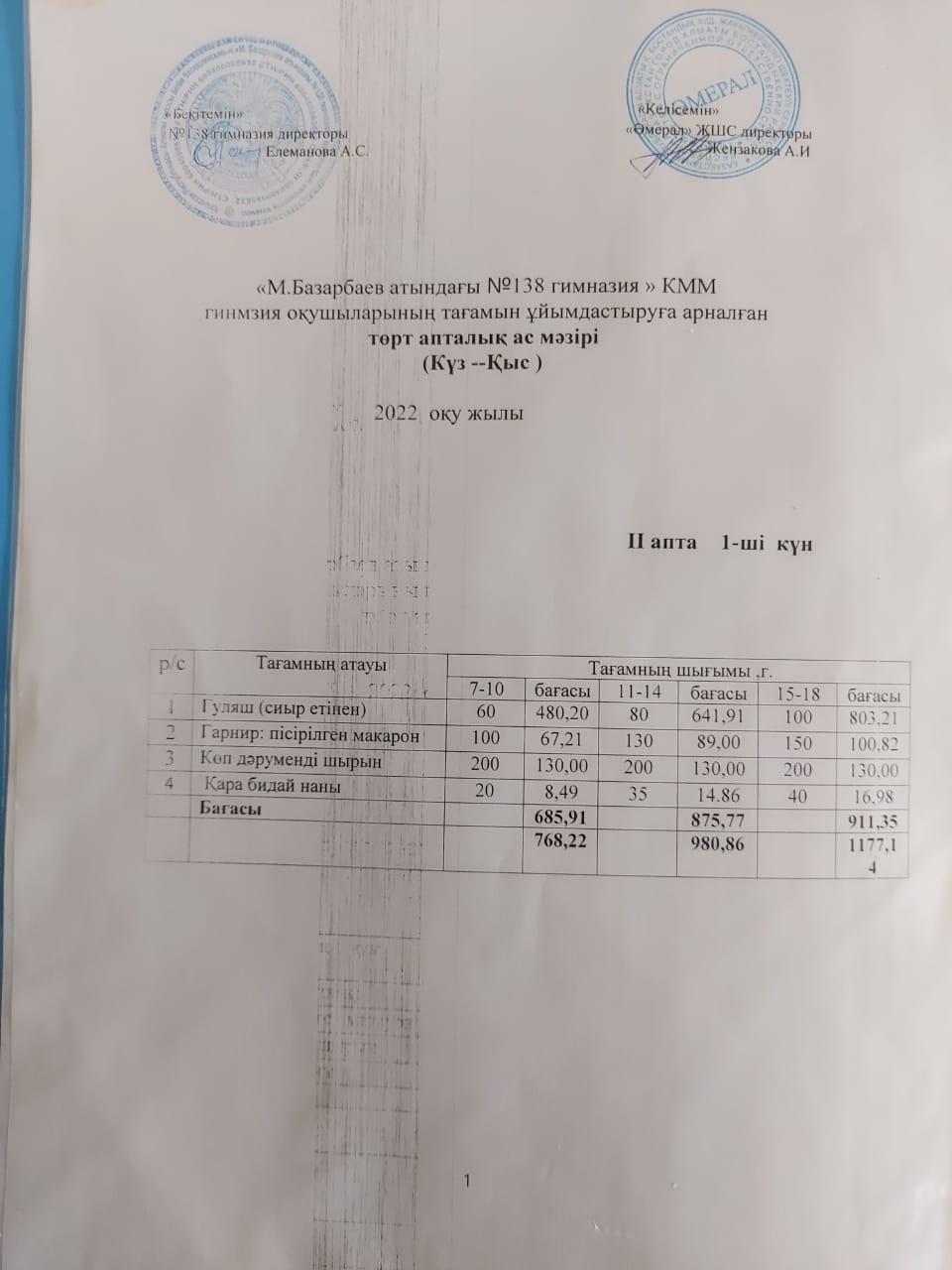 Асхана мәзірі 2 апта